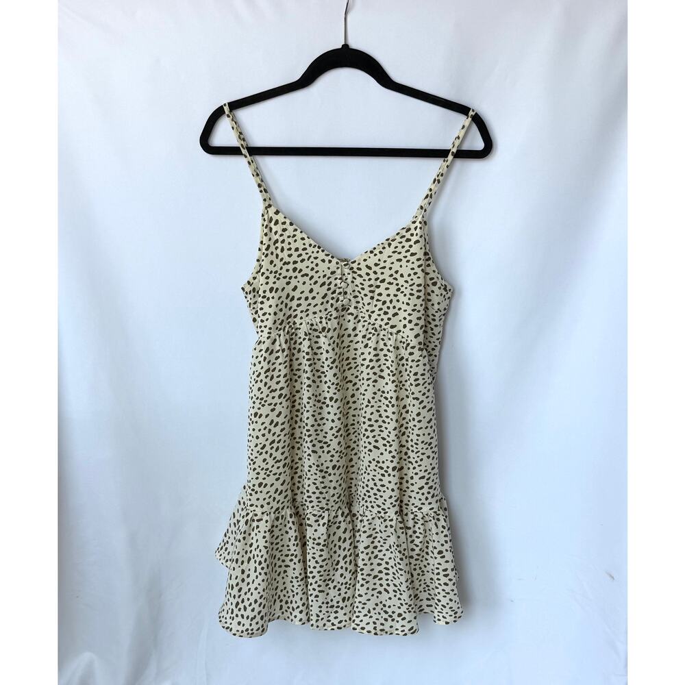 New In Spotted Mini Dress M Cream Brown Animal Print Cami Ruffle NWT
